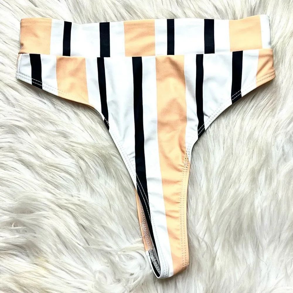 Striped thong bikini Bottoms in Peach and Black